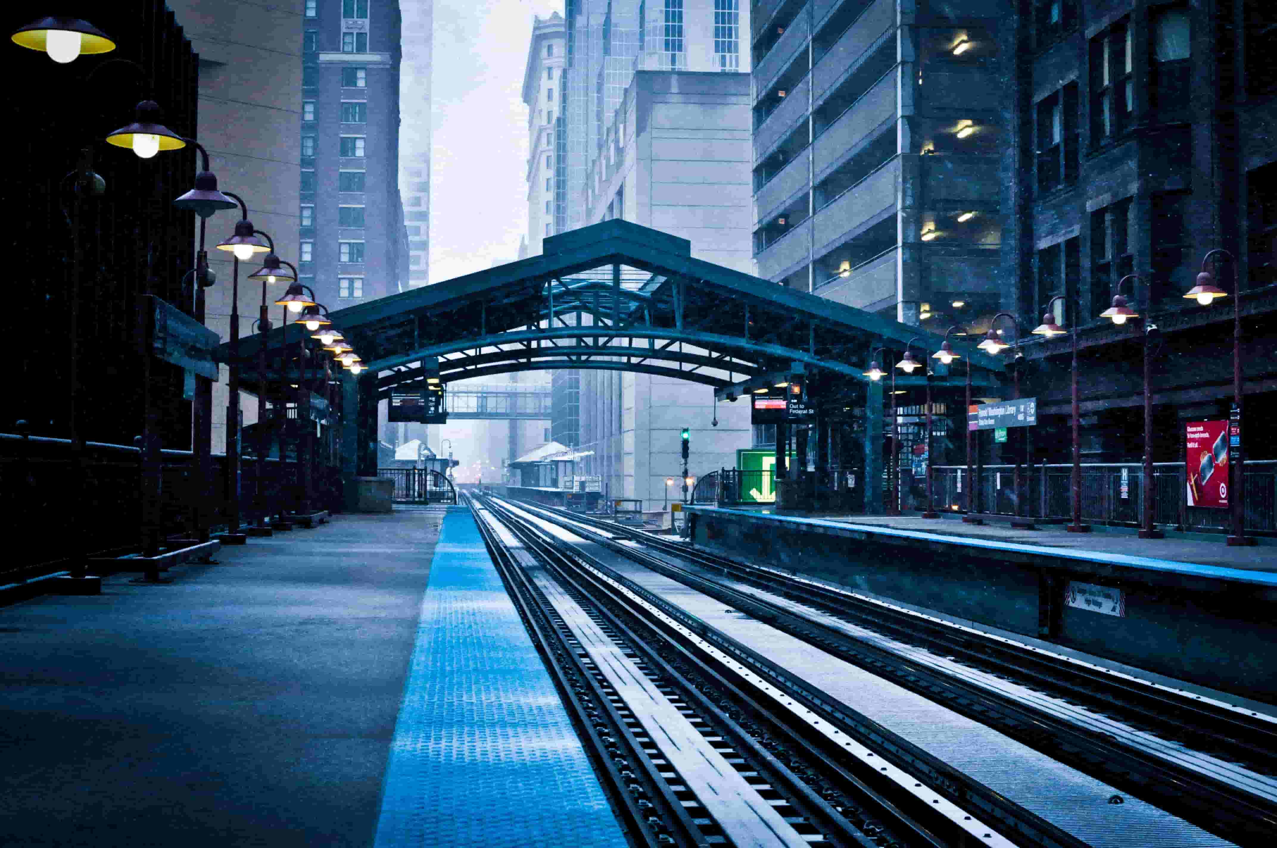 Elevated train station in Chicago in winter